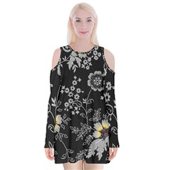 Black Background With Gray Flowers, Floral Black Texture Velvet Long Sleeve Shoulder Cutout Dress