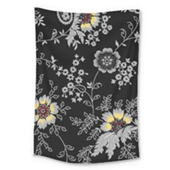 Black Background With Gray Flowers, Floral Black Texture Large Tapestry