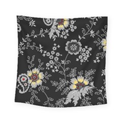 Black Background With Gray Flowers, Floral Black Texture Square Tapestry (small) by nateshop