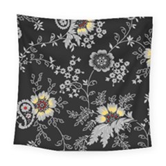 Black Background With Gray Flowers, Floral Black Texture Square Tapestry (Large)