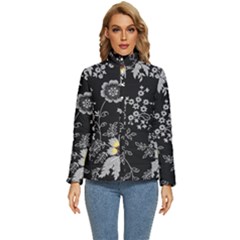 Black Background With Gray Flowers, Floral Black Texture Women s Puffer Bubble Jacket Coat