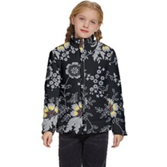 Black Background With Gray Flowers, Floral Black Texture Kids  Puffer Bubble Jacket Coat