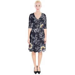 Black Background With Gray Flowers, Floral Black Texture Wrap Up Cocktail Dress