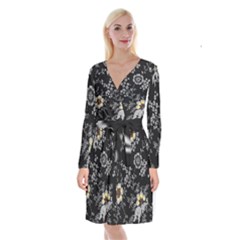 Black Background With Gray Flowers, Floral Black Texture Long Sleeve Velvet Front Wrap Dress