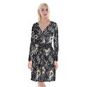 Black Background With Gray Flowers, Floral Black Texture Long Sleeve Velvet Front Wrap Dress View1