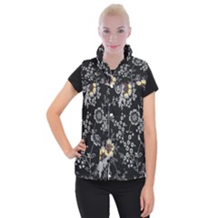 Black Background With Gray Flowers, Floral Black Texture Women s Button Up Vest