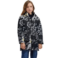 Black Background With Gray Flowers, Floral Black Texture Kids  Hooded Longline Puffer Jacket