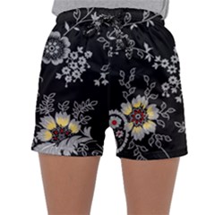 Black Background With Gray Flowers, Floral Black Texture Sleepwear Shorts