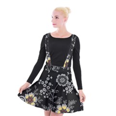 Black Background With Gray Flowers, Floral Black Texture Suspender Skater Skirt