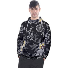 Black Background With Gray Flowers, Floral Black Texture Men s Pullover Hoodie