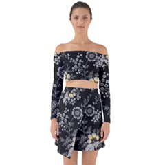 Black Background With Gray Flowers, Floral Black Texture Off Shoulder Top with Skirt Set