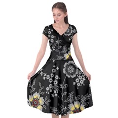 Black Background With Gray Flowers, Floral Black Texture Cap Sleeve Wrap Front Dress