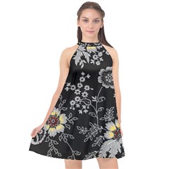 Black Background With Gray Flowers, Floral Black Texture Halter Neckline Chiffon Dress 