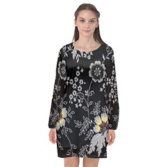 Black Background With Gray Flowers, Floral Black Texture Long Sleeve Chiffon Shift Dress 