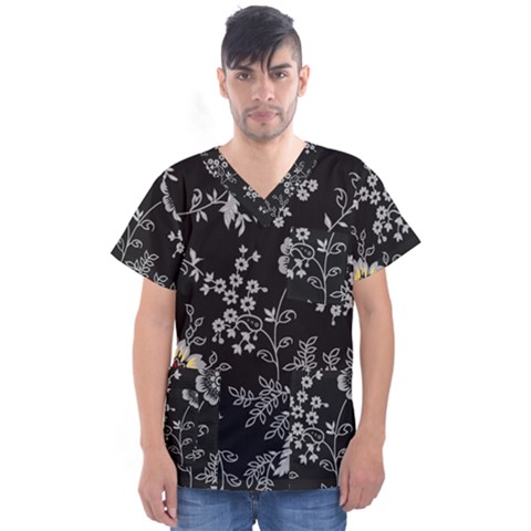 Black Background With Gray Flowers, Floral Black Texture Men s V-neck Scrub Top by nateshop