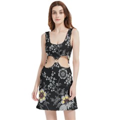 Black Background With Gray Flowers, Floral Black Texture Velour Cutout Dress