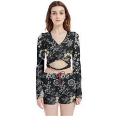 Black Background With Gray Flowers, Floral Black Texture Velvet Wrap Crop Top and Shorts Set