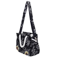 Black Background With Gray Flowers, Floral Black Texture Rope Handles Shoulder Strap Bag