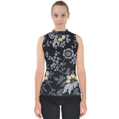 Black Background With Gray Flowers, Floral Black Texture Mock Neck Shell Top