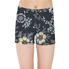 Black Background With Gray Flowers, Floral Black Texture Kids  Sports Shorts