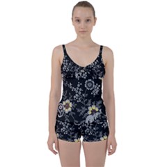 Black Background With Gray Flowers, Floral Black Texture Tie Front Two Piece Tankini