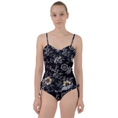 Black Background With Gray Flowers, Floral Black Texture Sweetheart Tankini Set