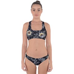 Black Background With Gray Flowers, Floral Black Texture Cross Back Hipster Bikini Set