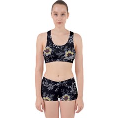 Black Background With Gray Flowers, Floral Black Texture Work It Out Gym Set