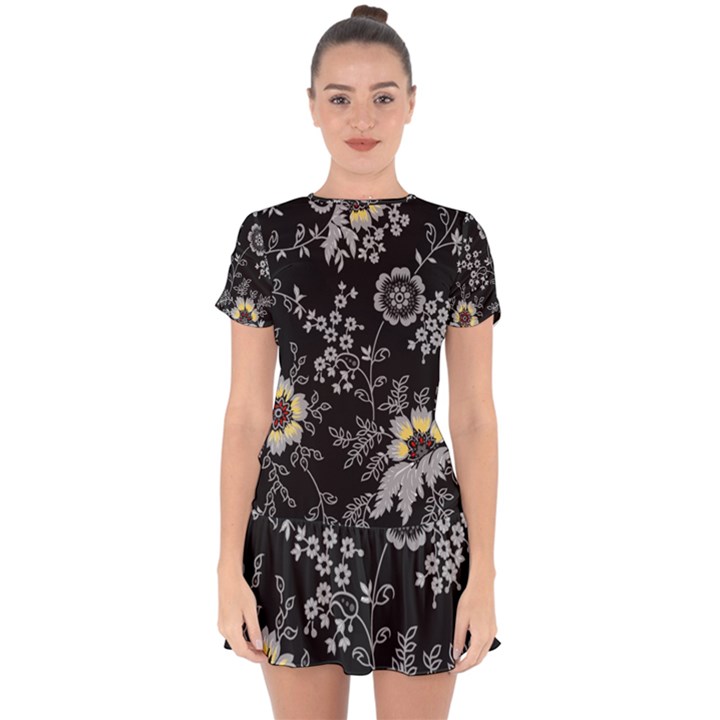 Black Background With Gray Flowers, Floral Black Texture Drop Hem Mini Chiffon Dress