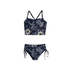 Black Background With Gray Flowers, Floral Black Texture Girls  Tankini Swimsuit