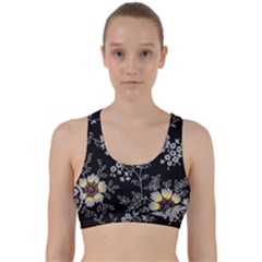 Black Background With Gray Flowers, Floral Black Texture Back Weave Sports Bra