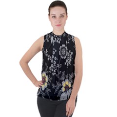 Black Background With Gray Flowers, Floral Black Texture Mock Neck Chiffon Sleeveless Top