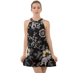 Black Background With Gray Flowers, Floral Black Texture Halter Tie Back Chiffon Dress