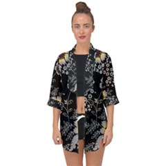 Black Background With Gray Flowers, Floral Black Texture Open Front Chiffon Kimono