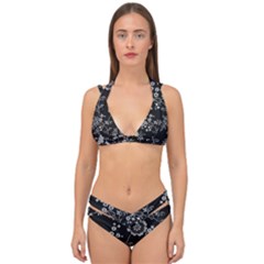 Black Background With Gray Flowers, Floral Black Texture Double Strap Halter Bikini Set