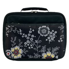 Black Background With Gray Flowers, Floral Black Texture Lunch Bag