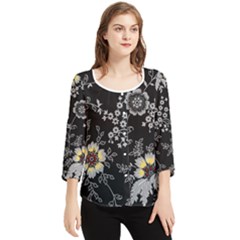 Black Background With Gray Flowers, Floral Black Texture Chiffon Quarter Sleeve Blouse by nateshop