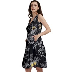 Black Background With Gray Flowers, Floral Black Texture Sleeveless V-Neck Skater Dress with Pockets