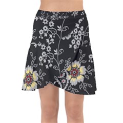 Black Background With Gray Flowers, Floral Black Texture Wrap Front Skirt