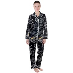 Black Background With Gray Flowers, Floral Black Texture Women s Long Sleeve Satin Pajamas Set	