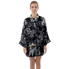 Black Background With Gray Flowers, Floral Black Texture Long Sleeve Satin Kimono