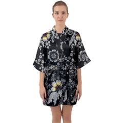 Black Background With Gray Flowers, Floral Black Texture Half Sleeve Satin Kimono 