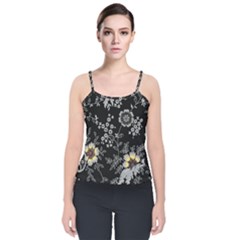 Black Background With Gray Flowers, Floral Black Texture Velvet Spaghetti Strap Top