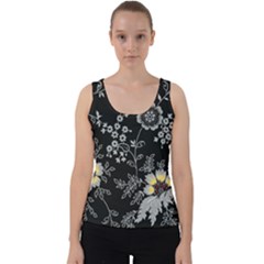 Black Background With Gray Flowers, Floral Black Texture Velvet Tank Top