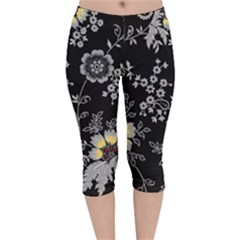 Black Background With Gray Flowers, Floral Black Texture Velvet Capri Leggings 