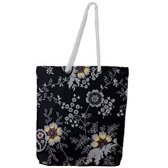 Black Background With Gray Flowers, Floral Black Texture Full Print Rope Handle Tote (large) by nateshop