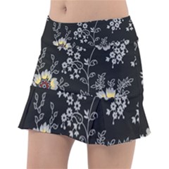 Black Background With Gray Flowers, Floral Black Texture Classic Tennis Skirt