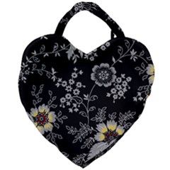 Black Background With Gray Flowers, Floral Black Texture Giant Heart Shaped Tote by nateshop