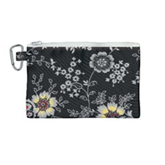 Black Background With Gray Flowers, Floral Black Texture Canvas Cosmetic Bag (Medium)