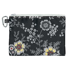 Black Background With Gray Flowers, Floral Black Texture Canvas Cosmetic Bag (XL)